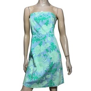 Tibi Women’s 6 Blue Green Floral Leaf Print Corset Tie Back Strapless Mini Dress